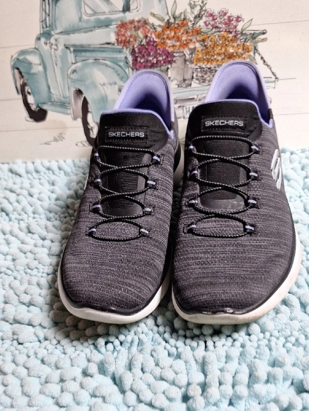 Skechers Women's Charcoal Knit Slip-On Sneakers with Lavender Lining